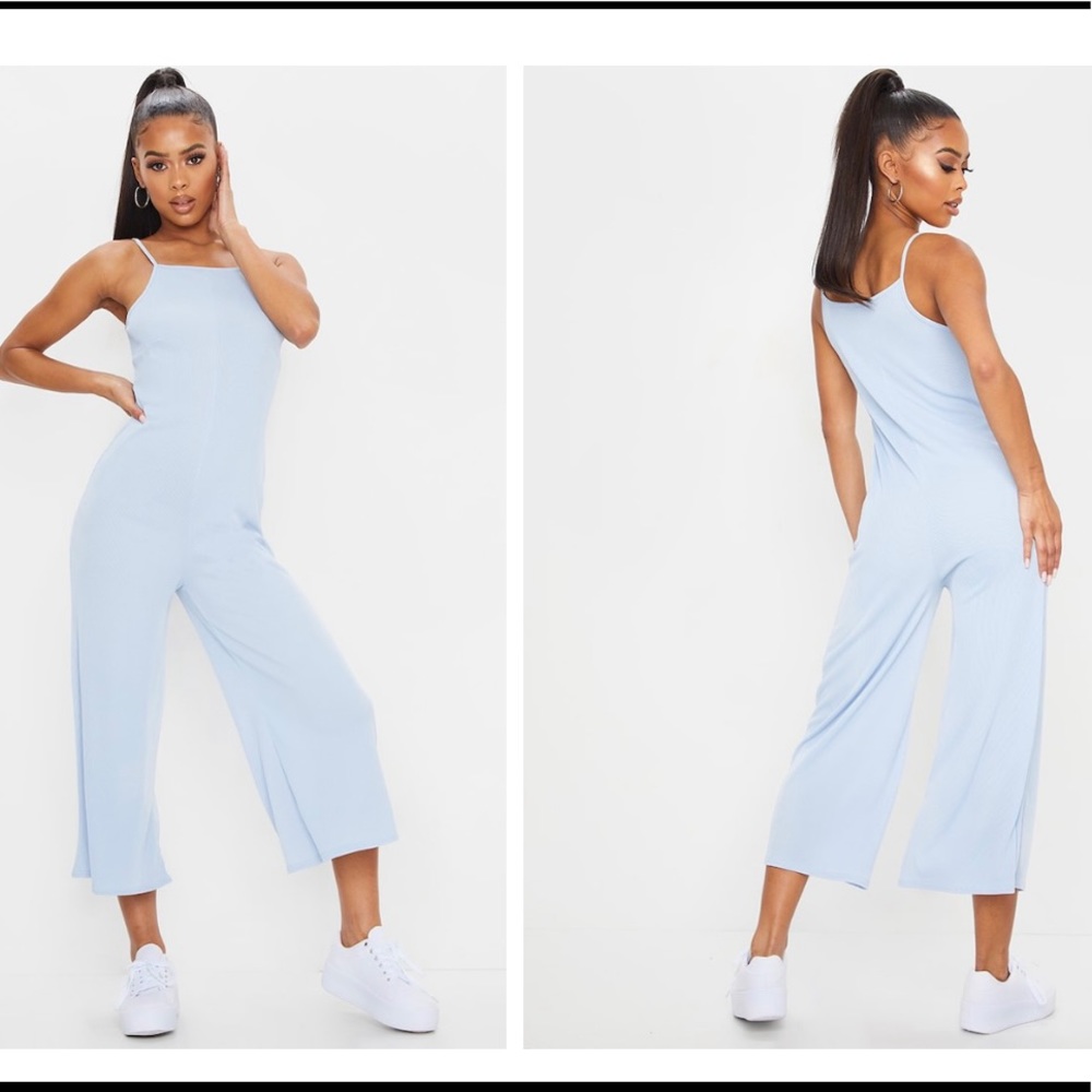 Baby Blue Rib Wide Leg Culotte Jumpsuit